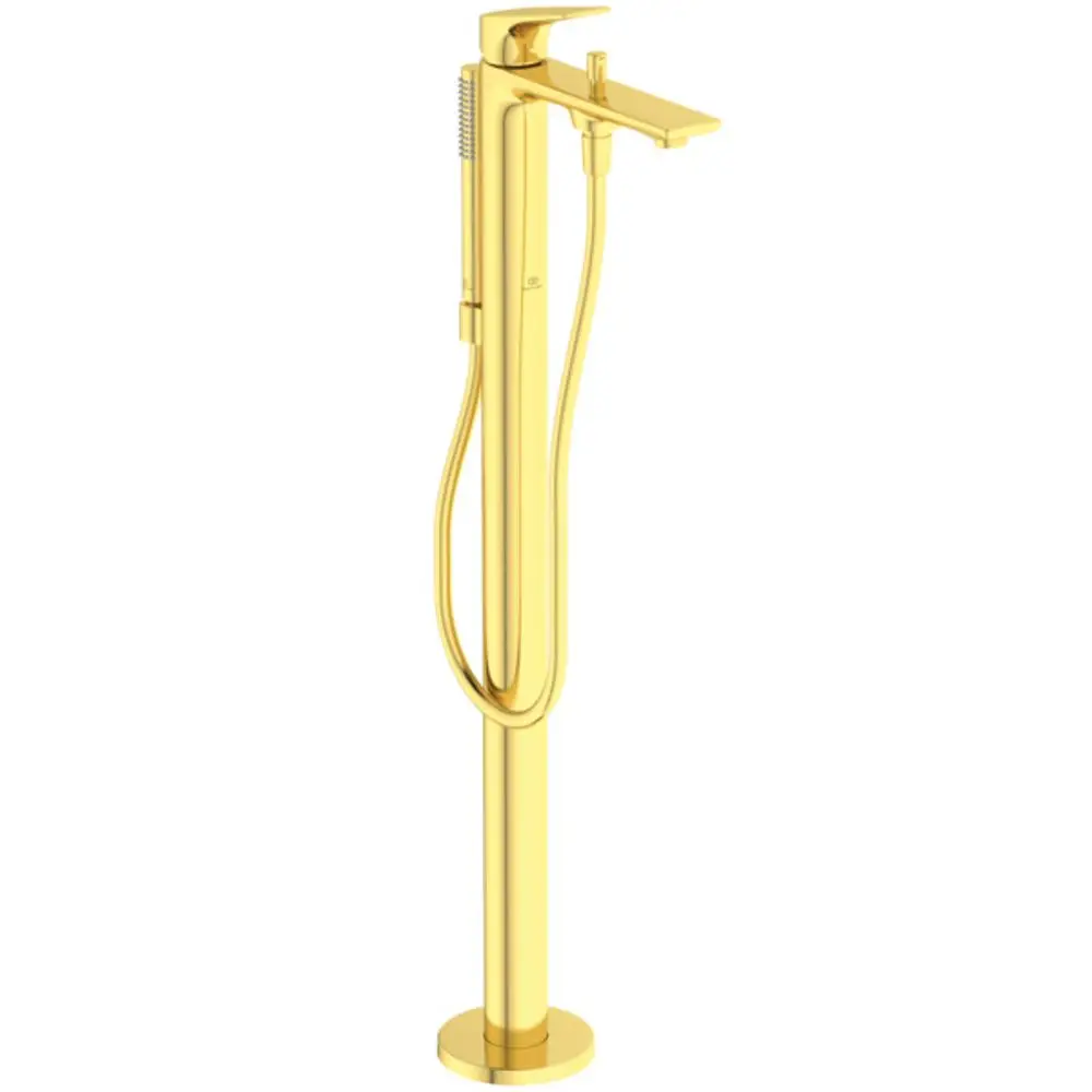 Freistehender Wannenarm mit Handbrause-Set in brushed gold, gefertigt von Ideal Standard. Der Arm ist schlank und hat eine klare, funktionale Gestaltung.